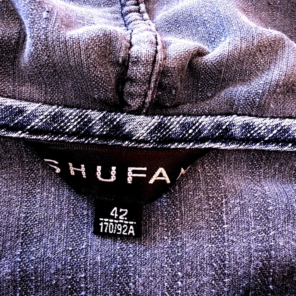 Shufa Blue Denim Striped Corduroy Studded Hooded Short Sleeve Jacket Size 42 - Picture 11 of 16